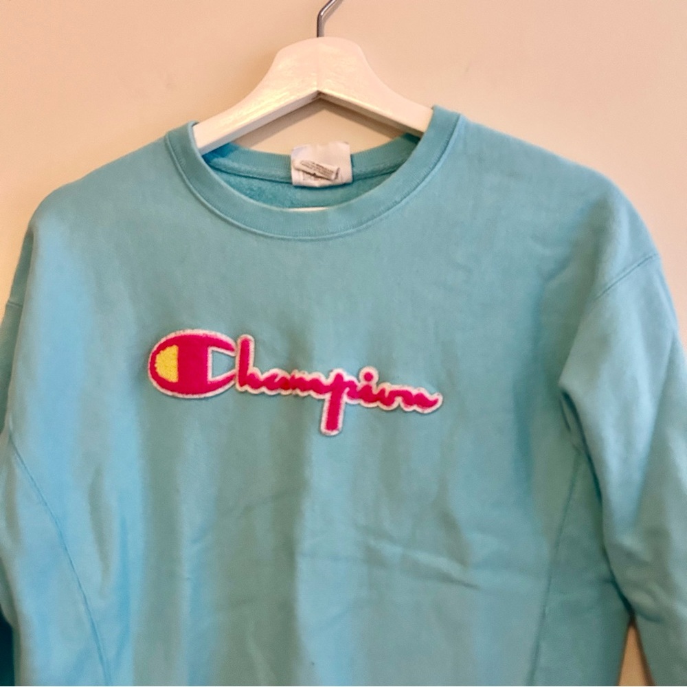 Champion Aqua Blue Sweatshirt Logo Crew Neck Pink Cozy Casual Soft Sporty Medium - Picture 3 of 10